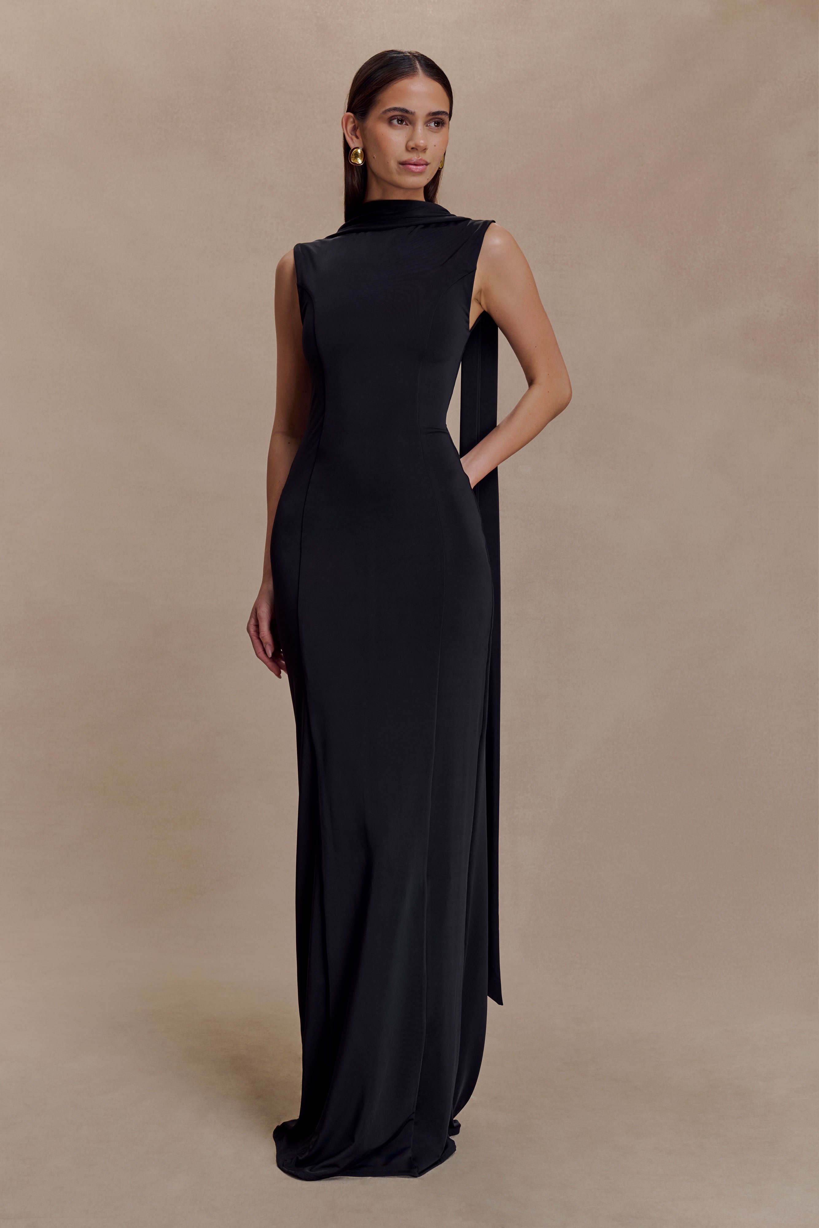 Wisteria Slinky Maxi Dress With Scarf - Black