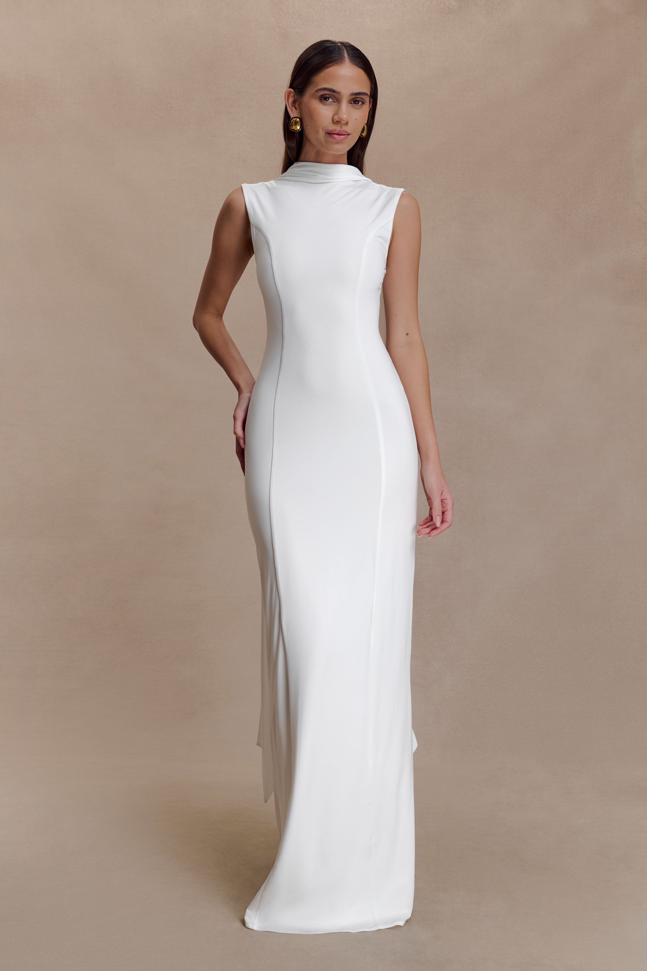 Wisteria Slinky Maxi Dress With Scarf - White