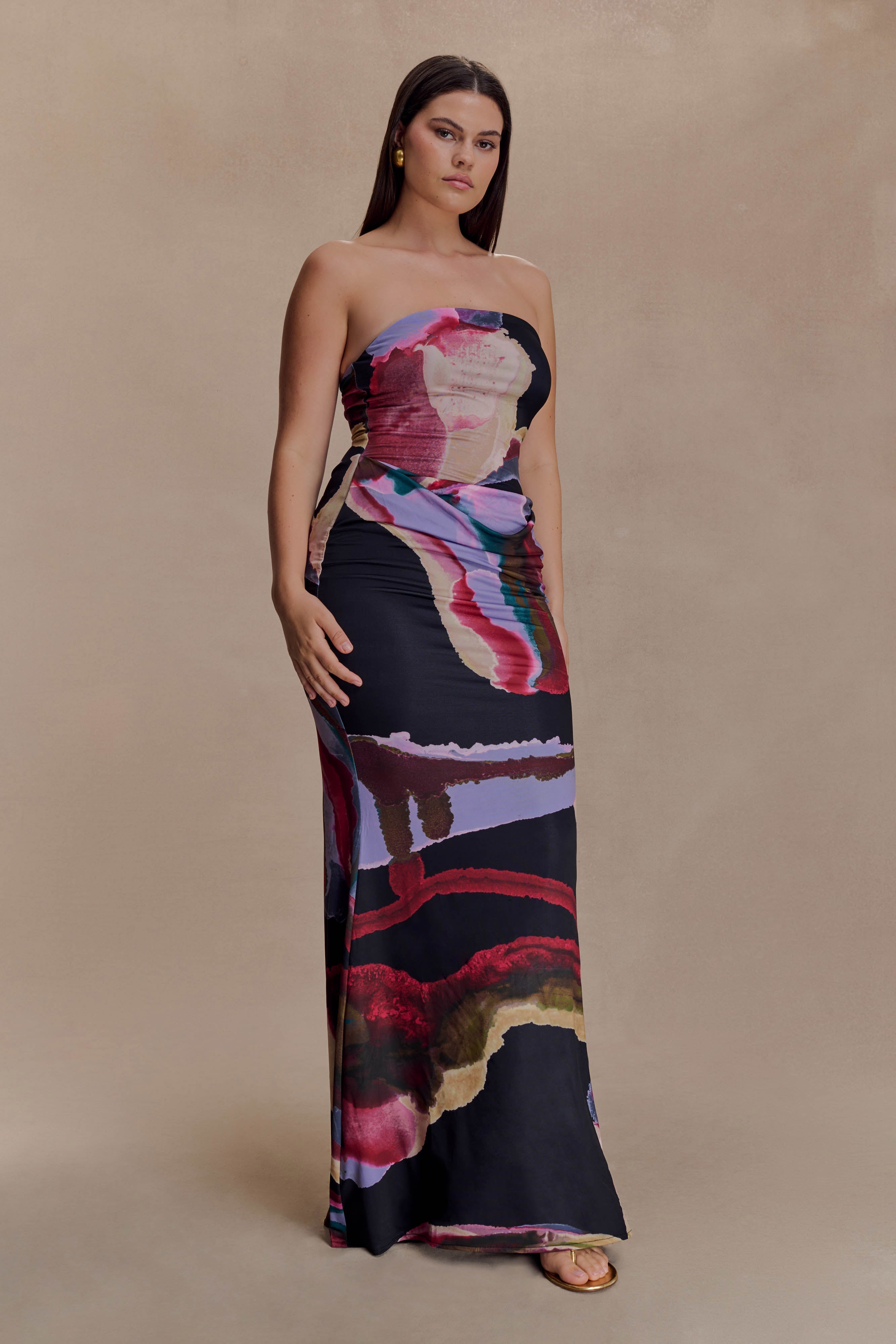 Madison Strapless Slinky Maxi Dress - Multi Fluid Reverie Print