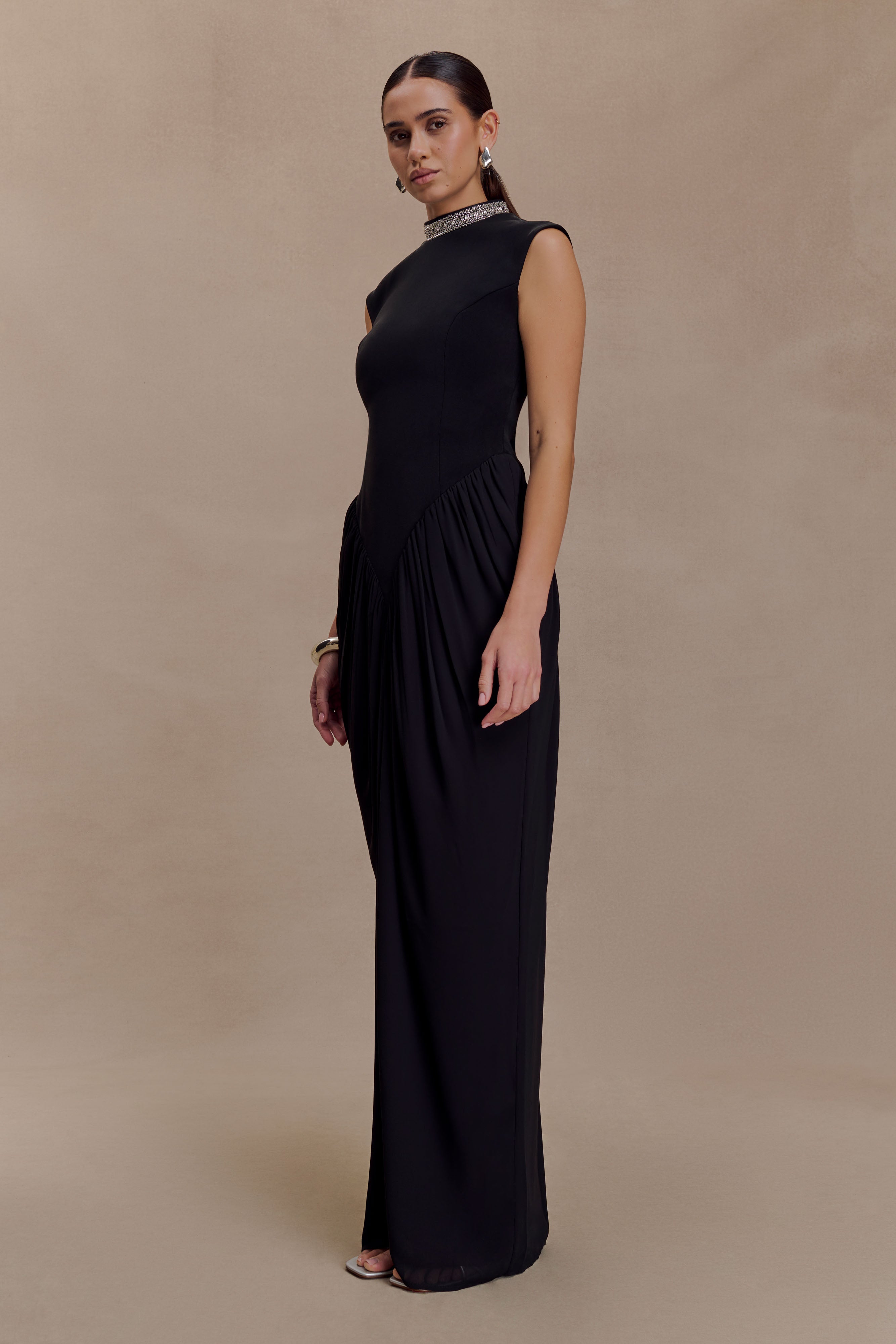 Elisa Diamante Neck Maxi Dress - Black