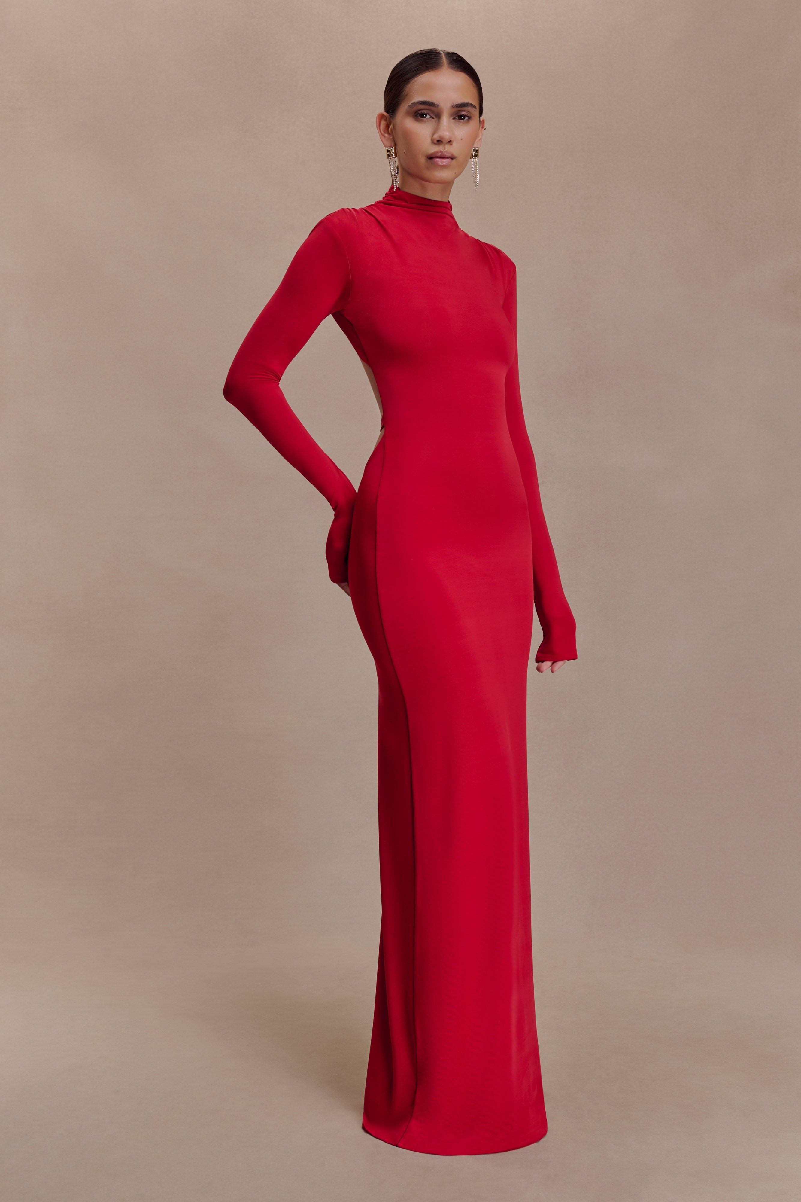 Kiyah Slinky Cut Out Maxi Dress - Red