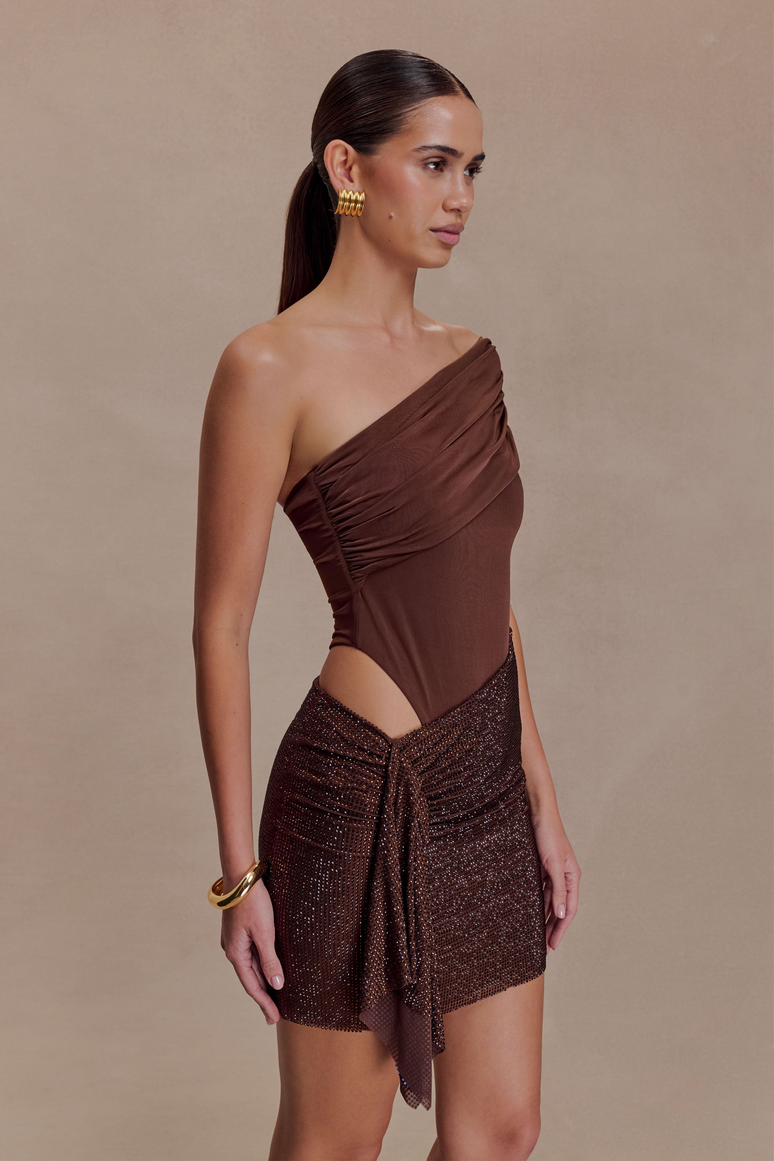 Paisley Slinky And Diamante Mini Dress - Chocolate