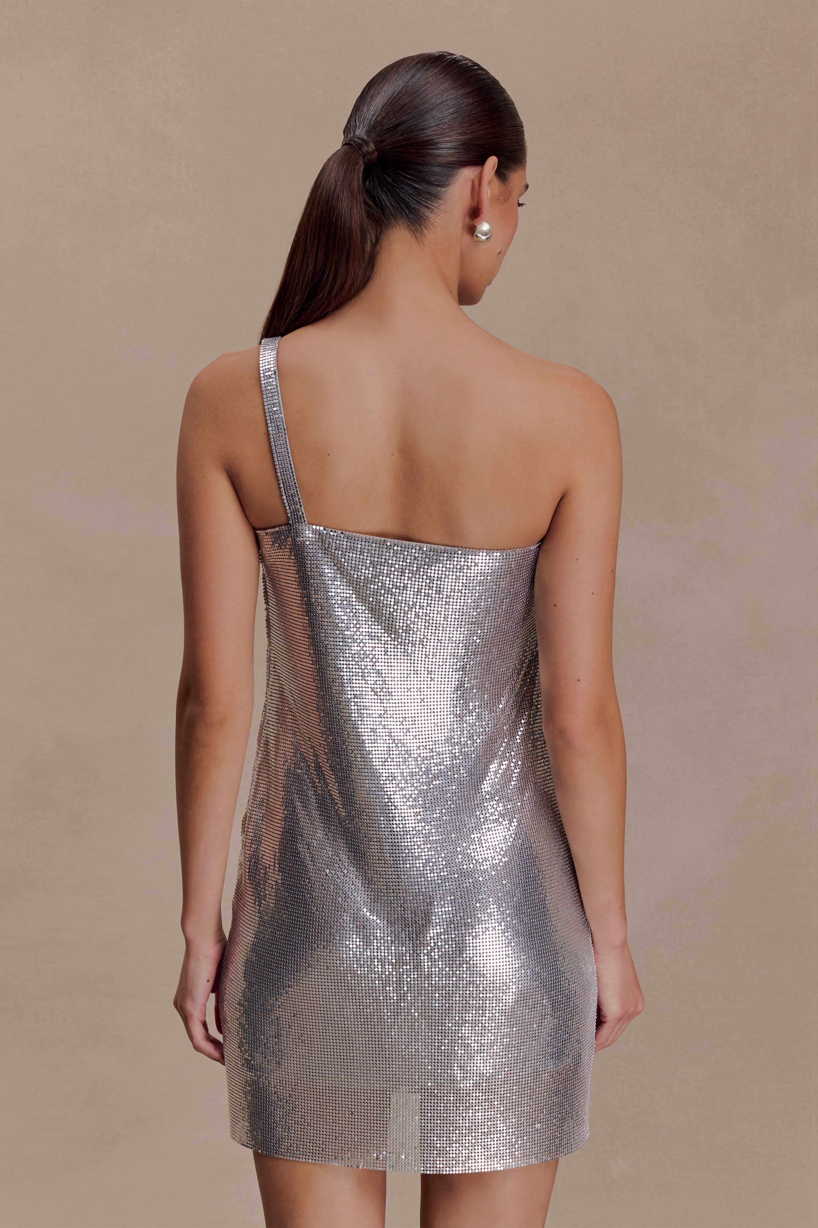 Lyle One Shoulder Glow Mesh Mini Dress - Silver
