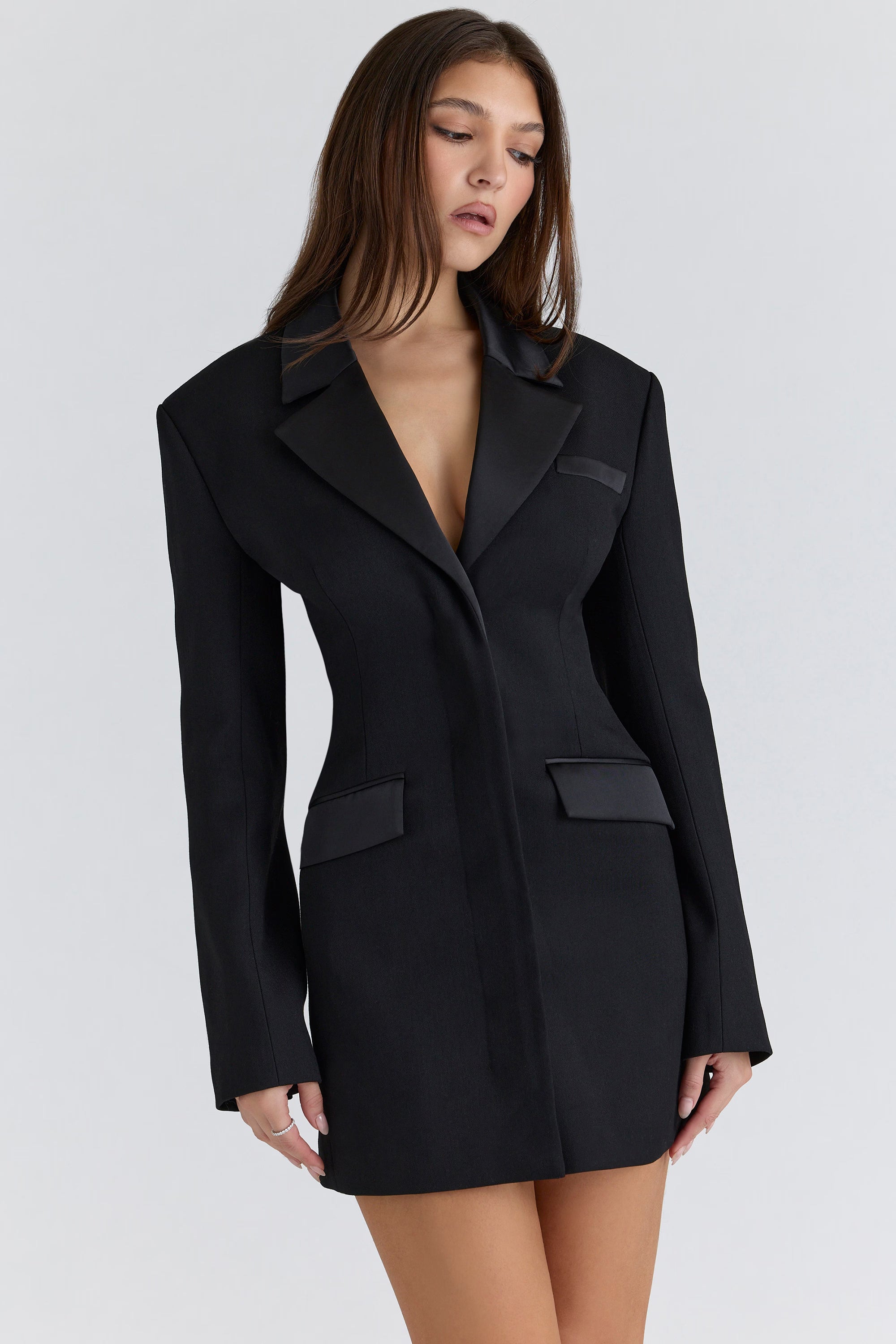 Satin trimmed hourglass blazer dress