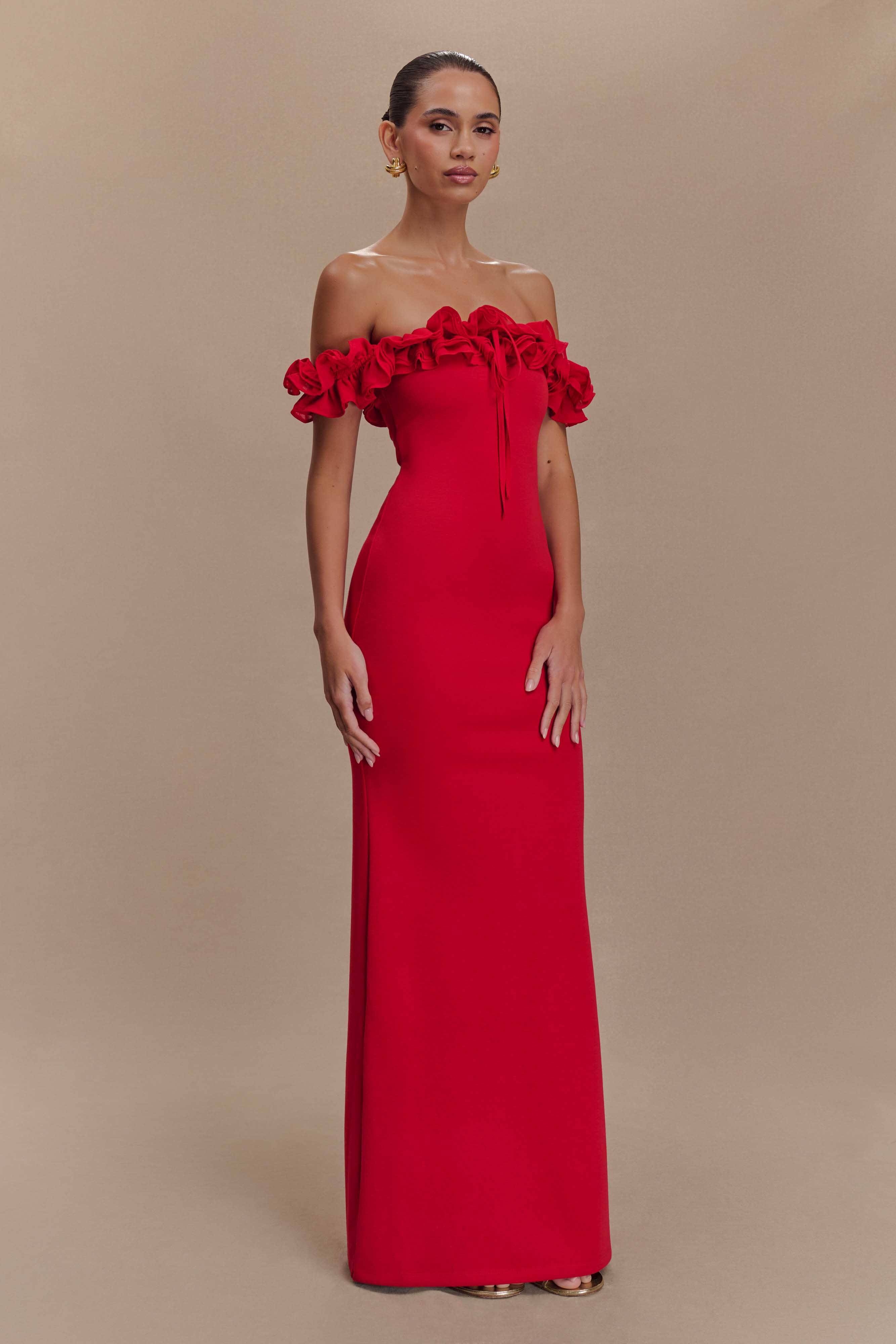 Nova Ruffle Off Shoulder Maxi Dress - Ruby