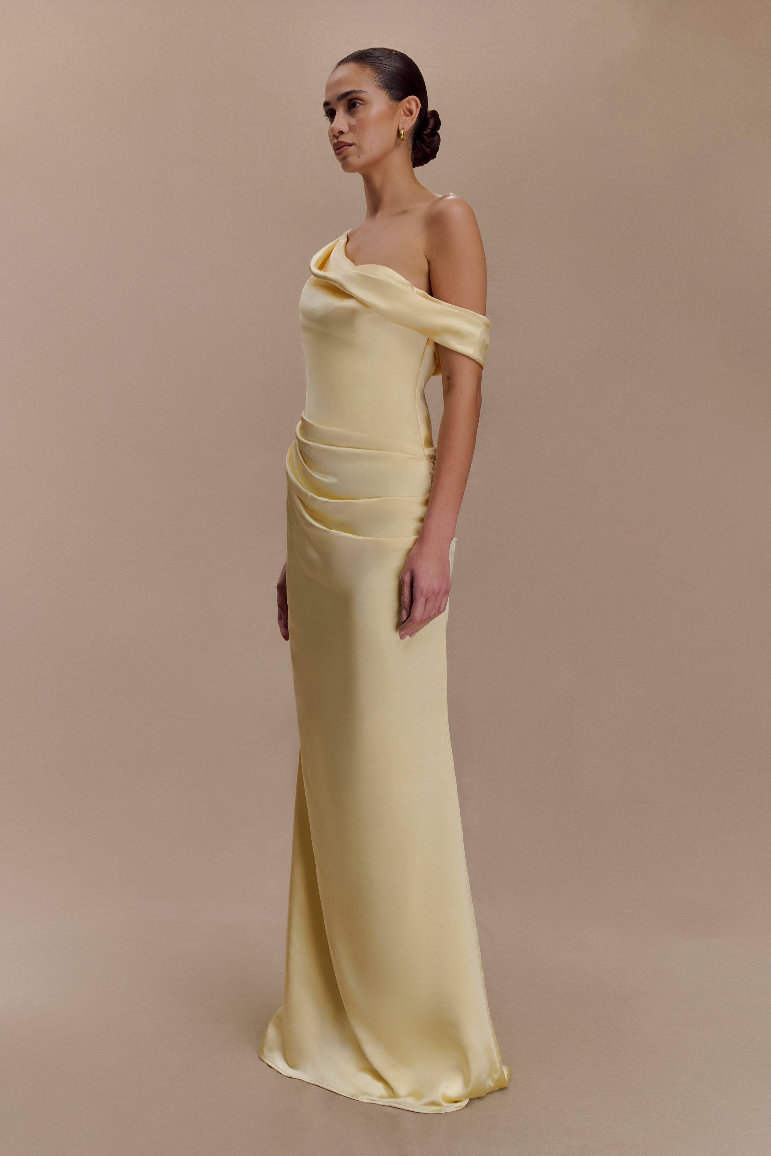 Dalia Off Shoulder Satin Maxi Dress - Lemon