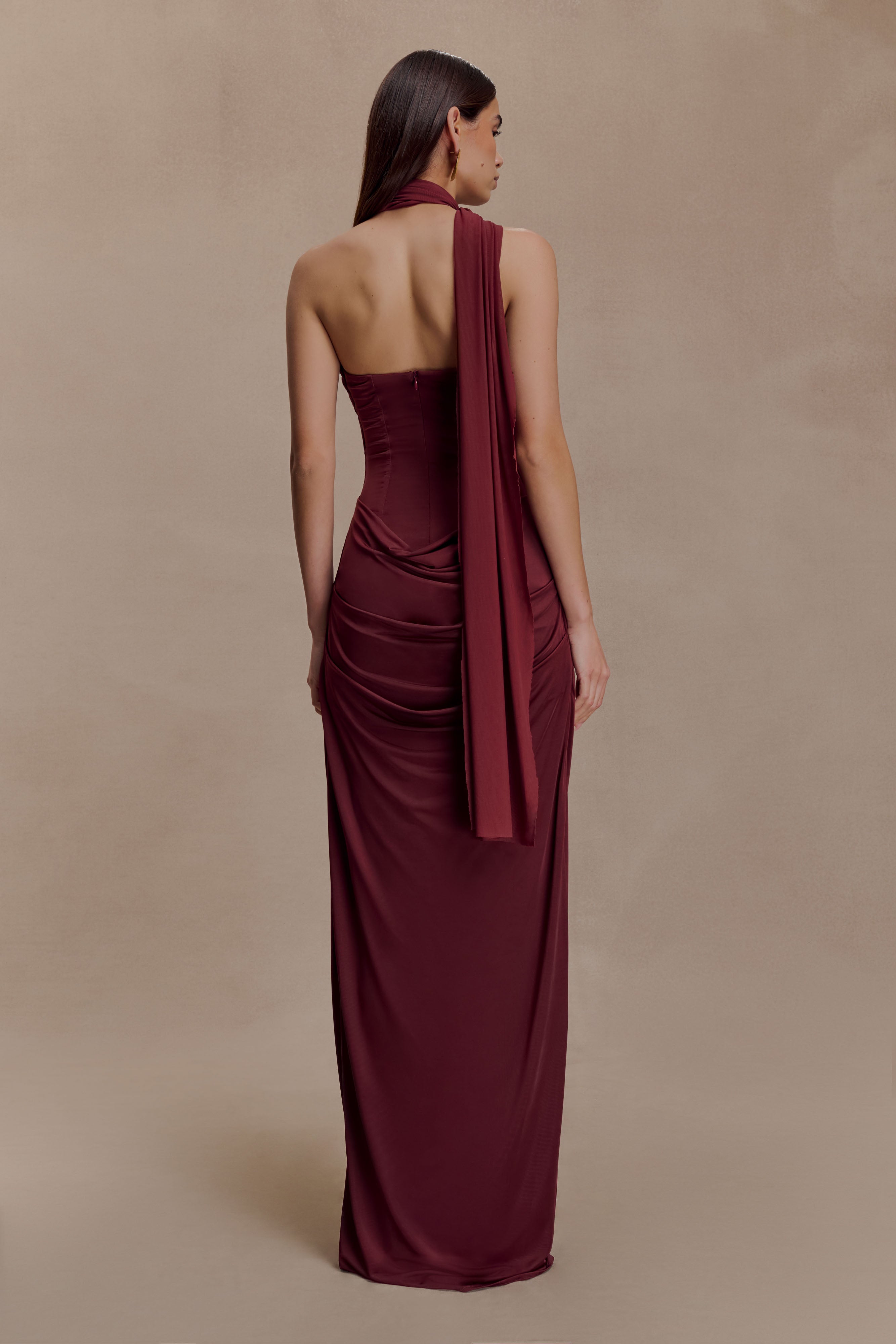 Mattea Slinky And Mesh Maxi Dress With Scarf - Burgundy