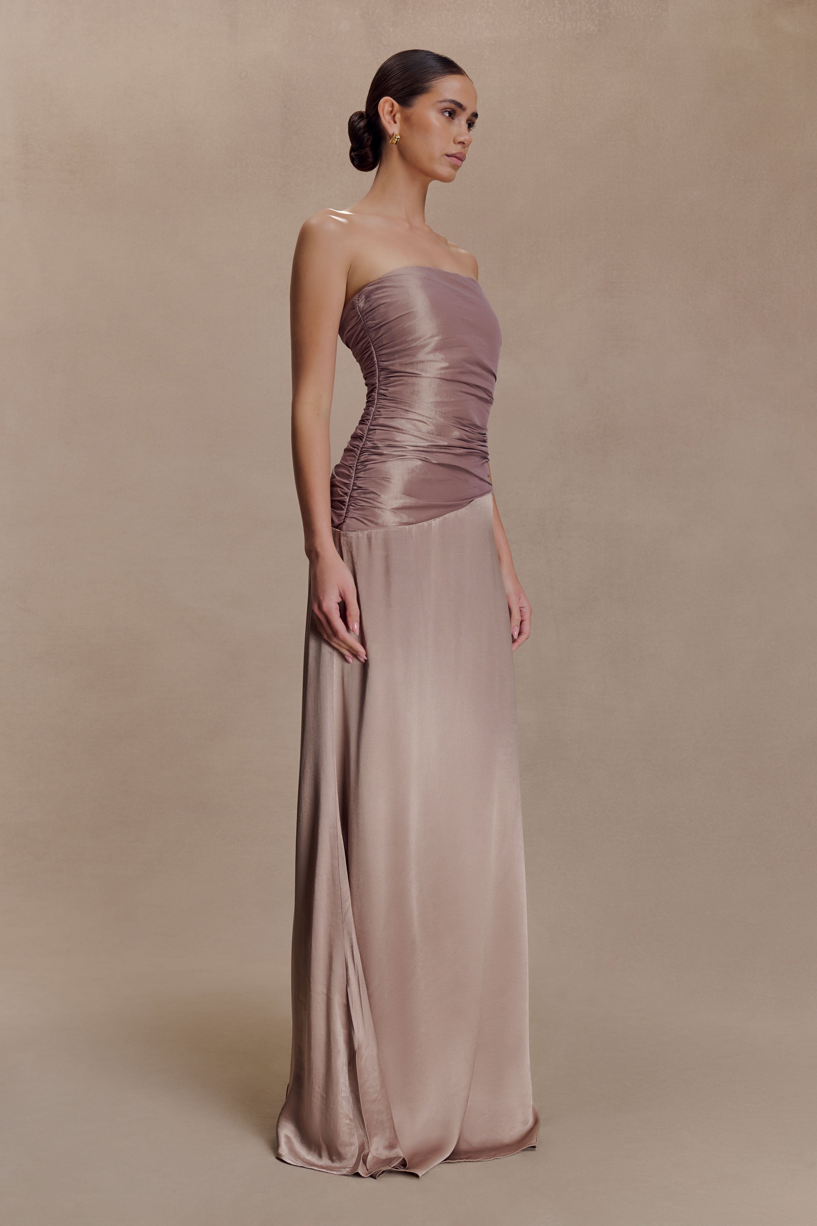 Serena Strapless Taffeta Maxi Dress - Bronze Taupe