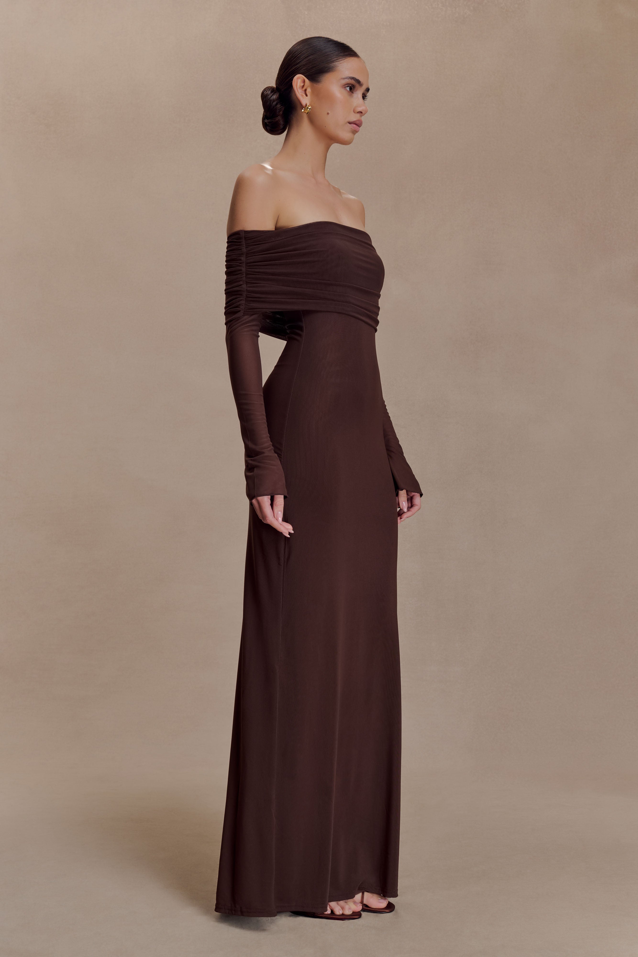 Josie Off Shoulder Mesh Maxi Dress - Dark Brown