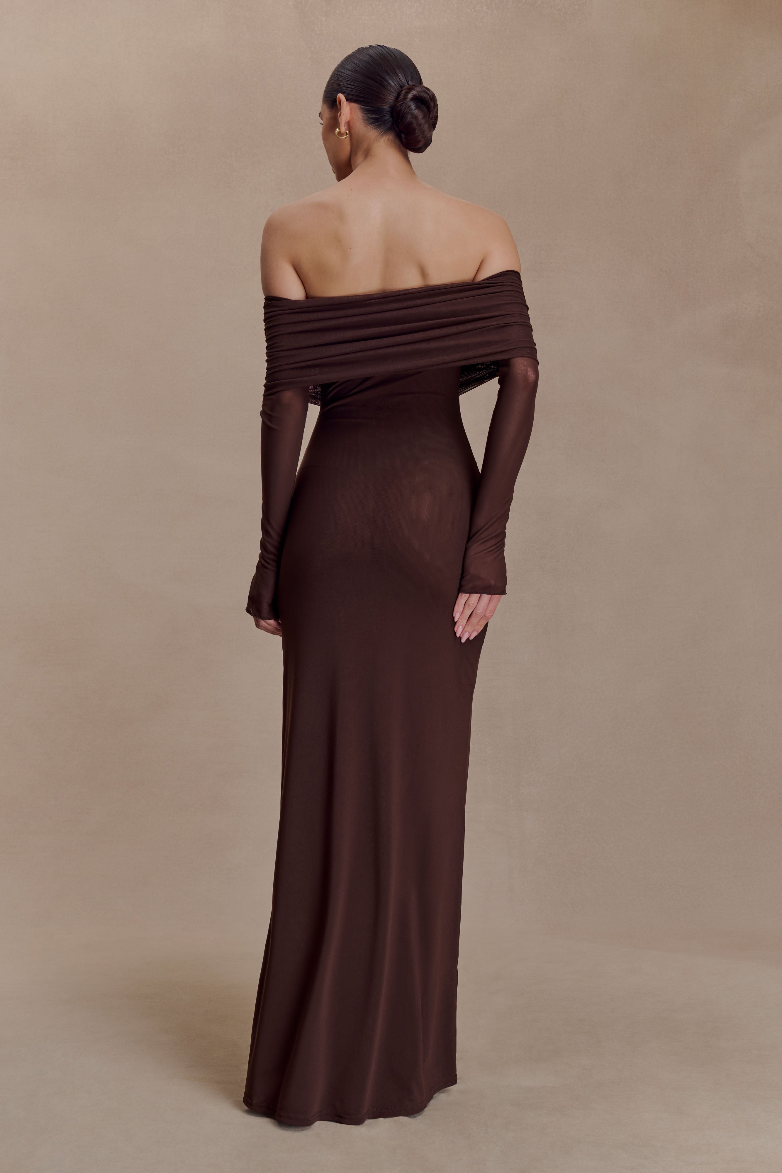 Josie Off Shoulder Mesh Maxi Dress - Dark Brown