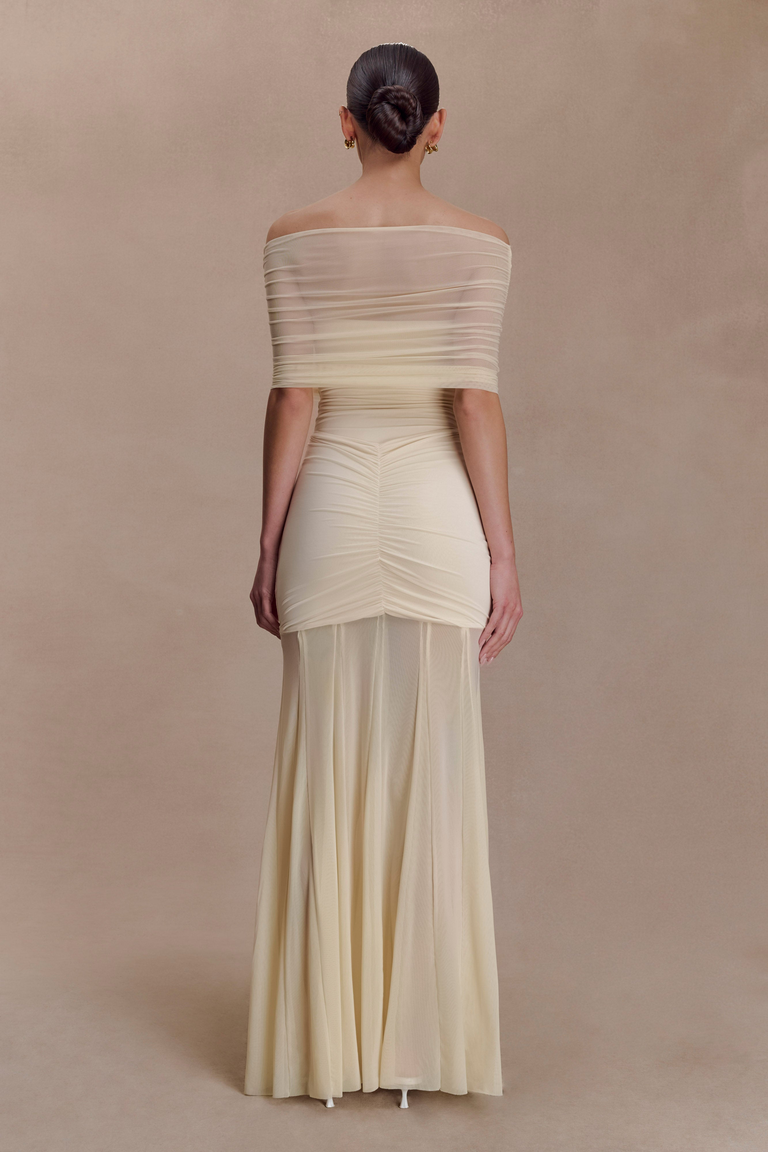 Caspian Slinky And Mesh Off Shoulder Maxi Dress - Ivory