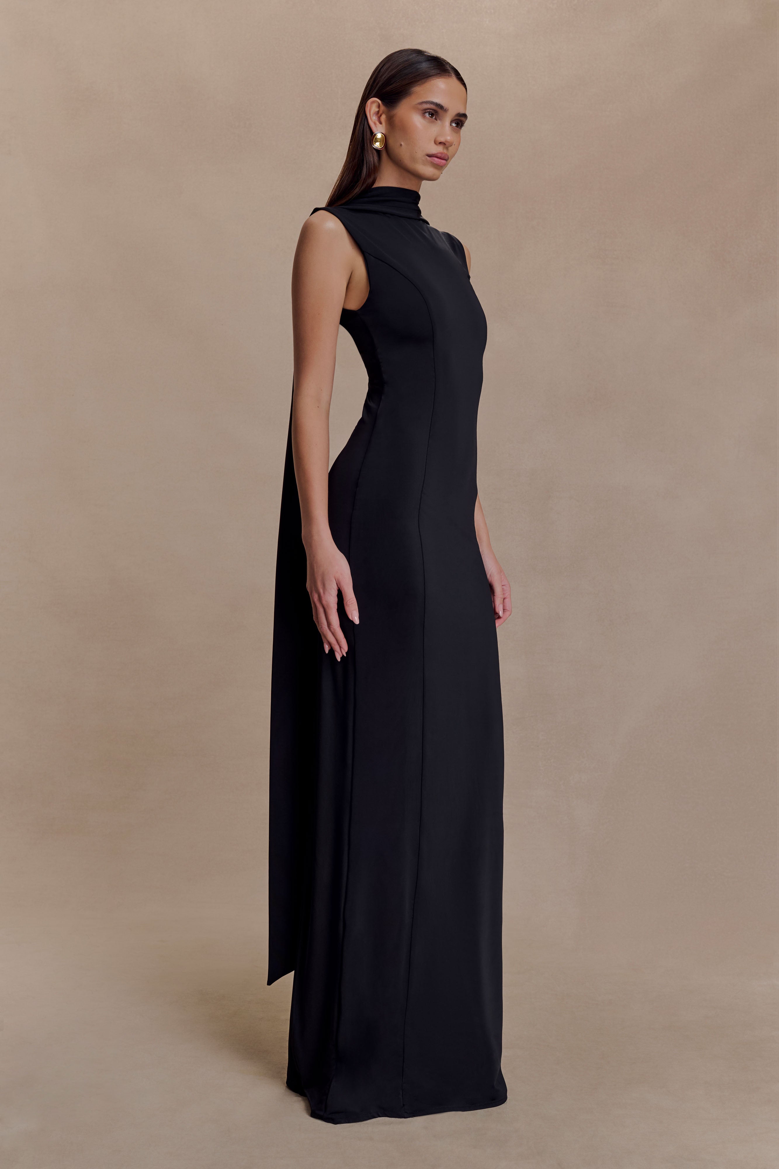 Wisteria Slinky Maxi Dress With Scarf - Black