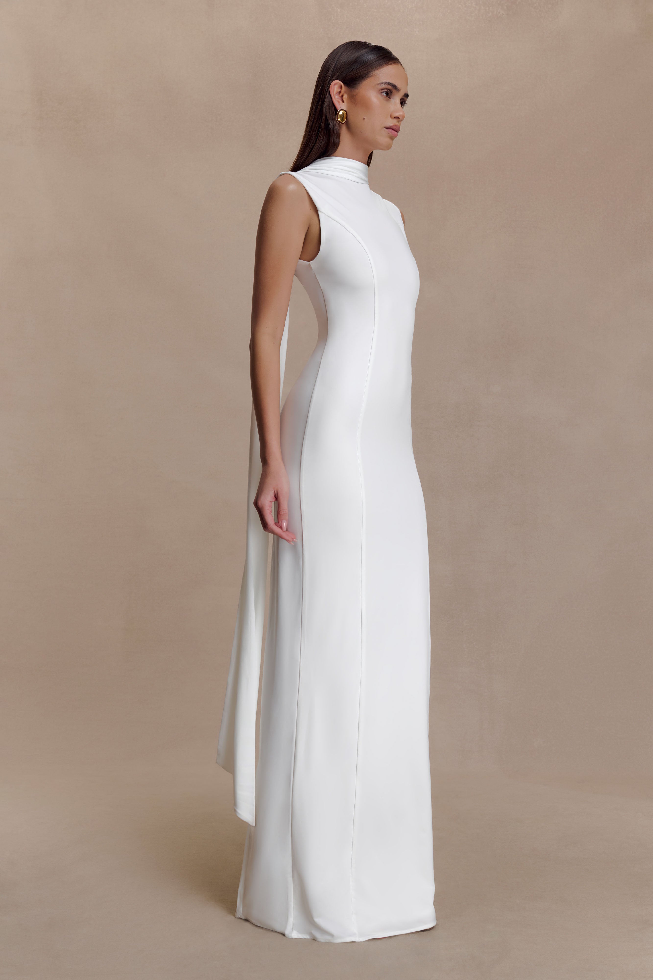 Wisteria Slinky Maxi Dress With Scarf - White