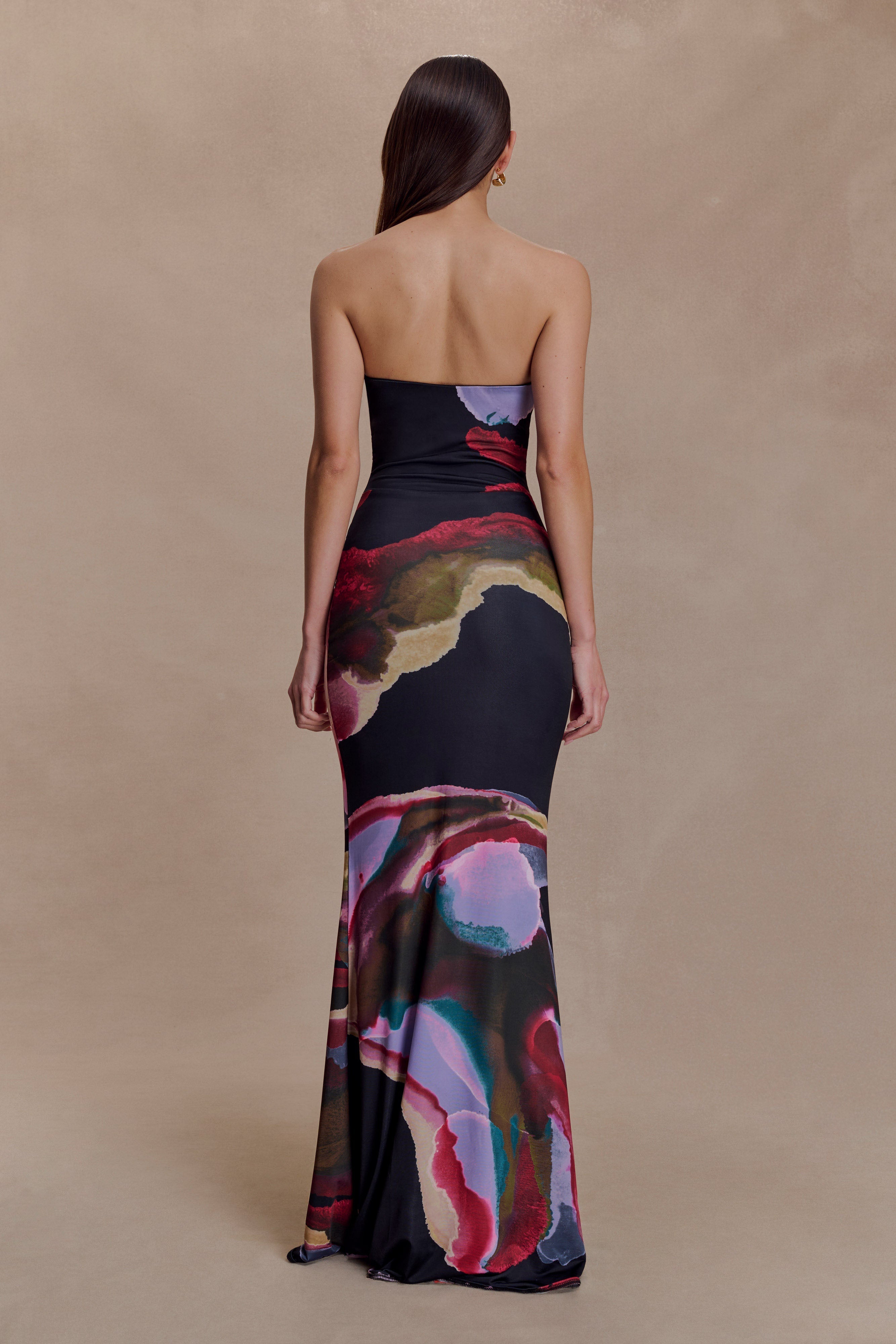 Madison Strapless Slinky Maxi Dress - Multi Fluid Reverie Print