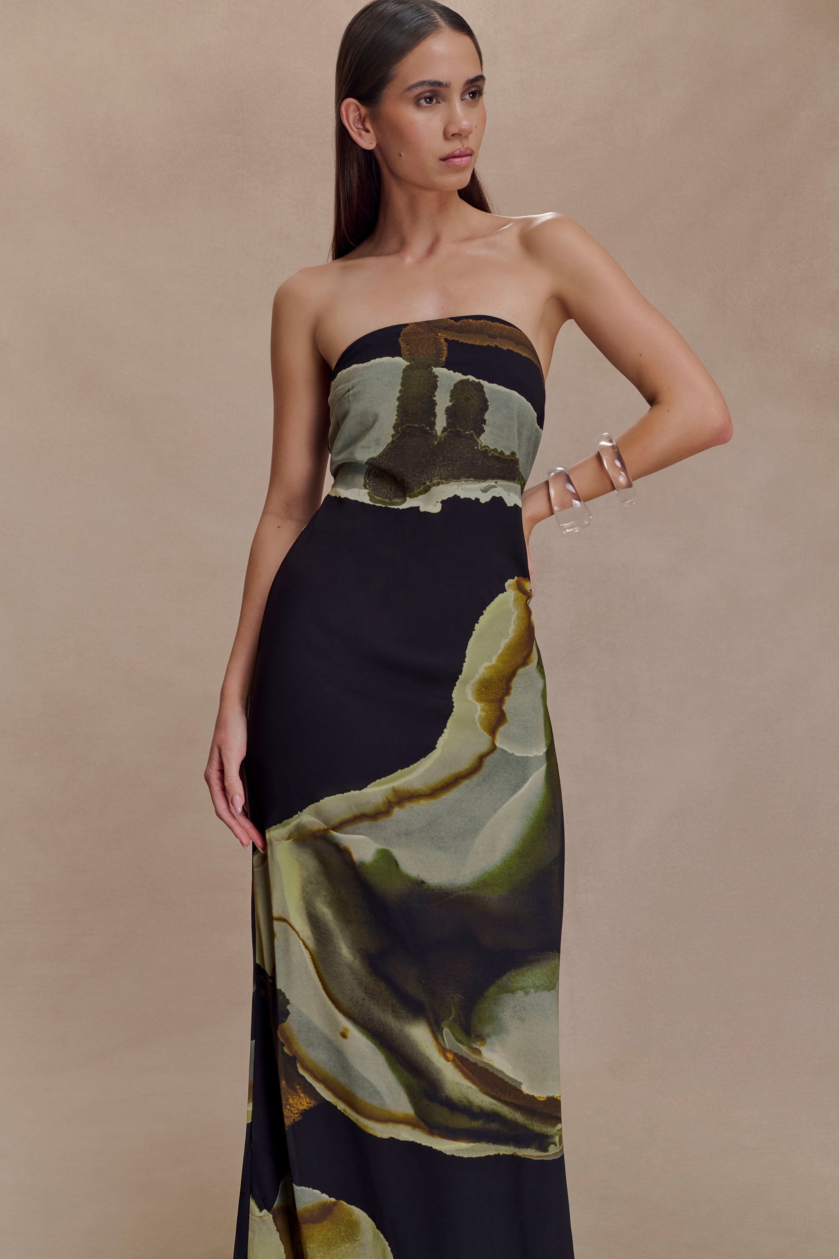 Amaya Strapless Chiffon Maxi Dress - Green Fluid Reverie Print
