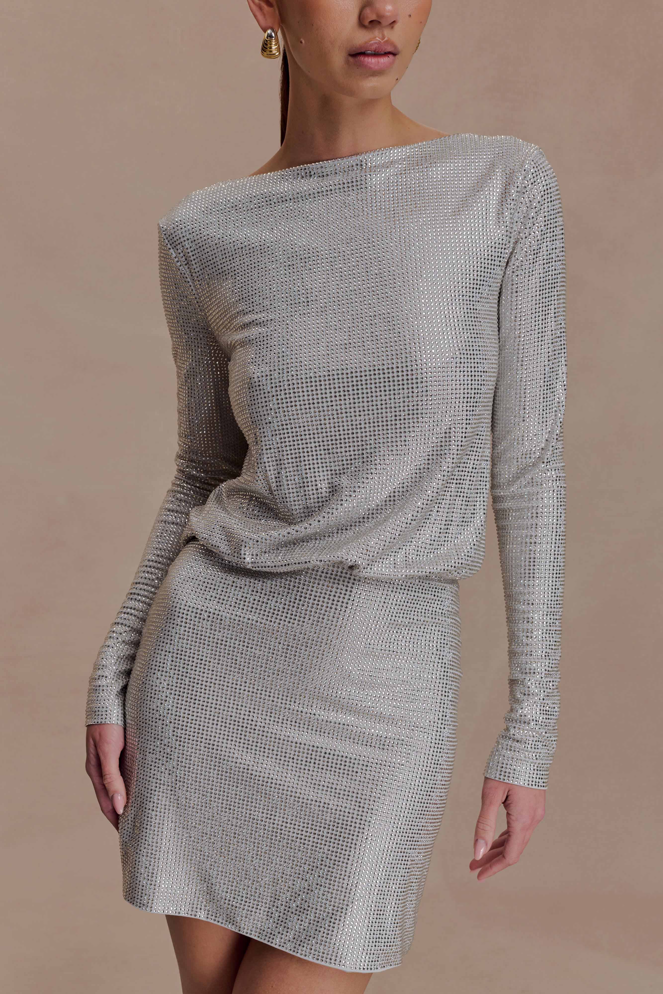 Darius Diamante Cowl Mini Dress - Silver