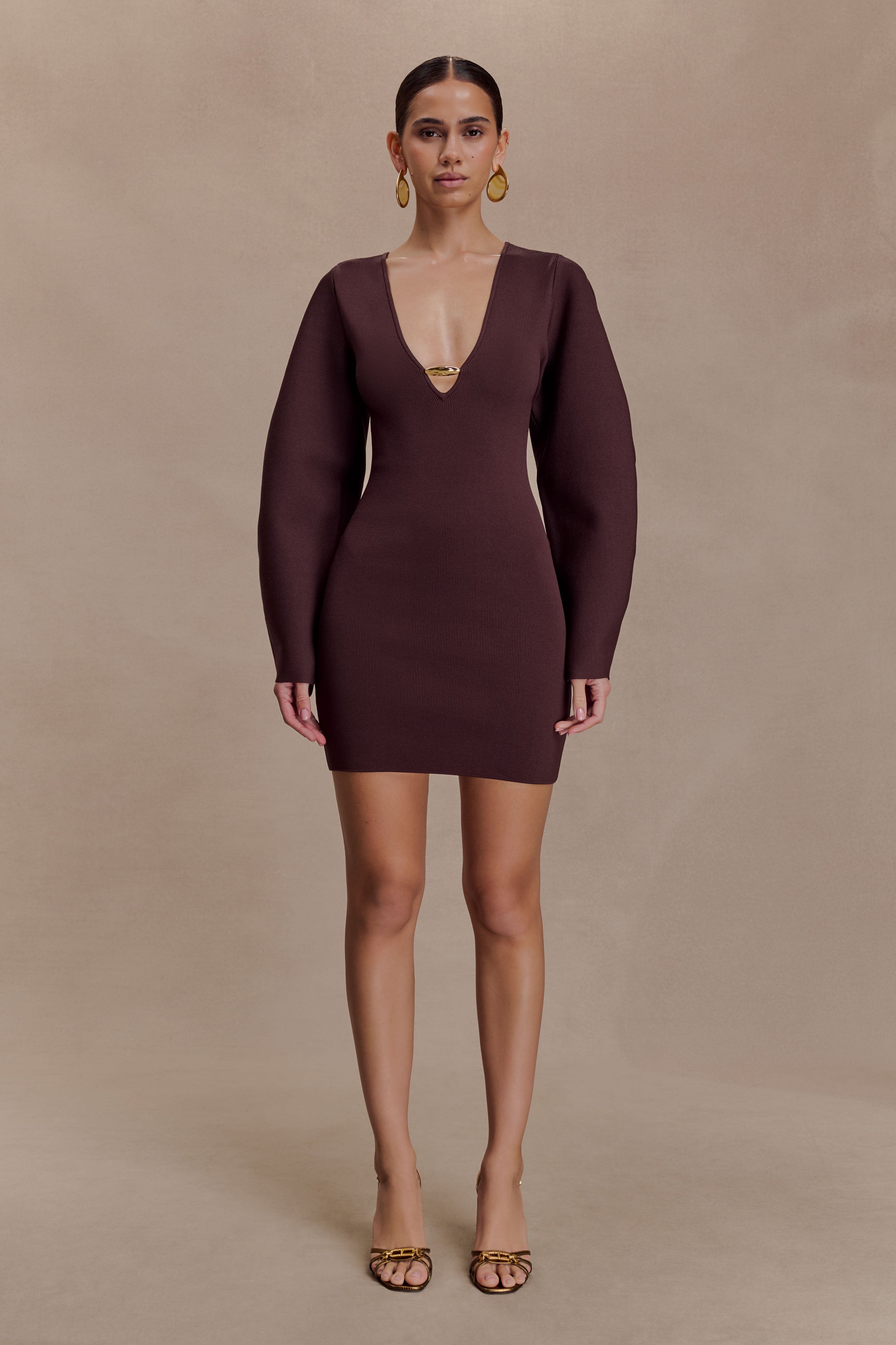 Billy Balloon Sleeve Knit Mini Dress - Dark Chocolate