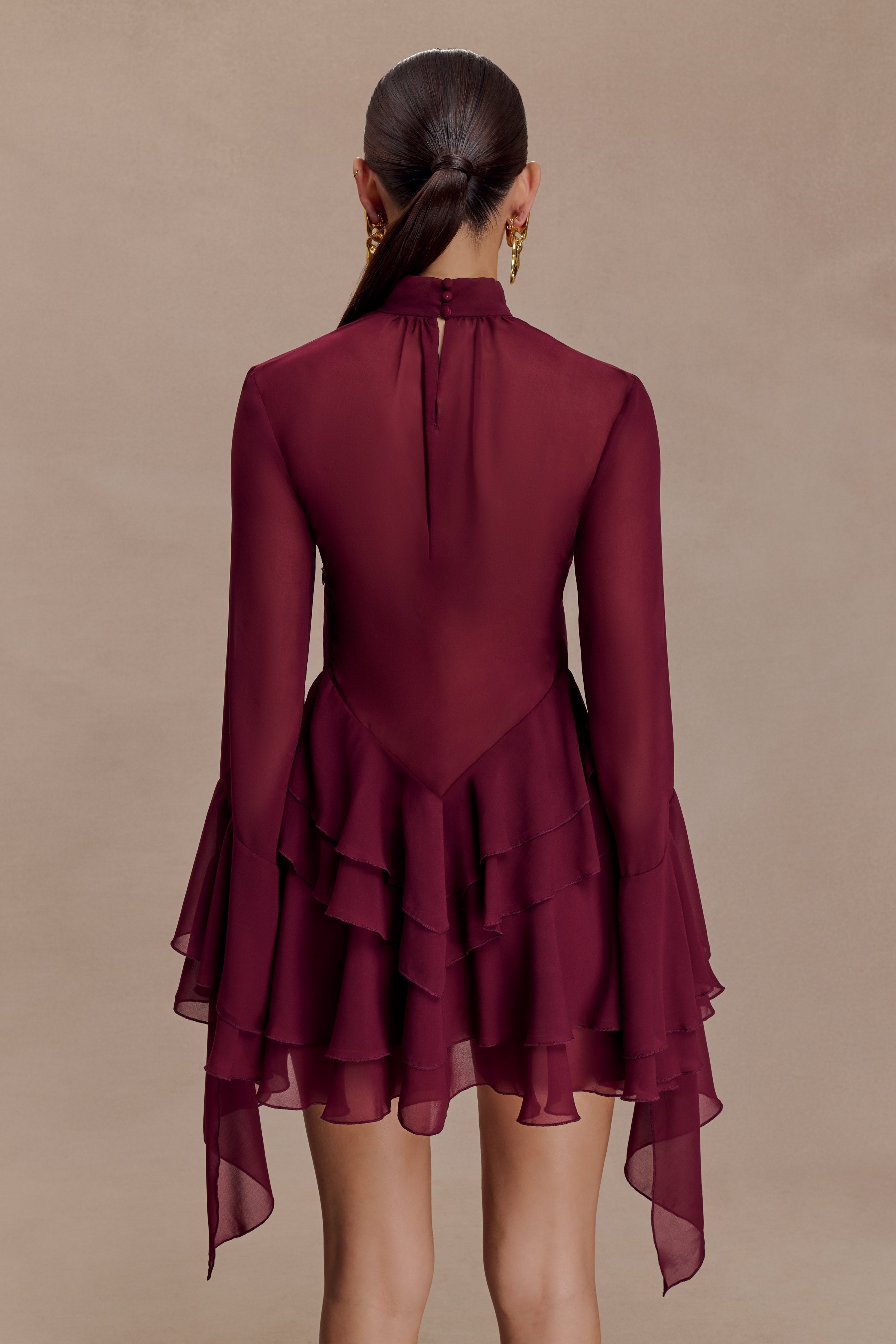 Nimah Chiffon Ruffle Mini Dress - Wine