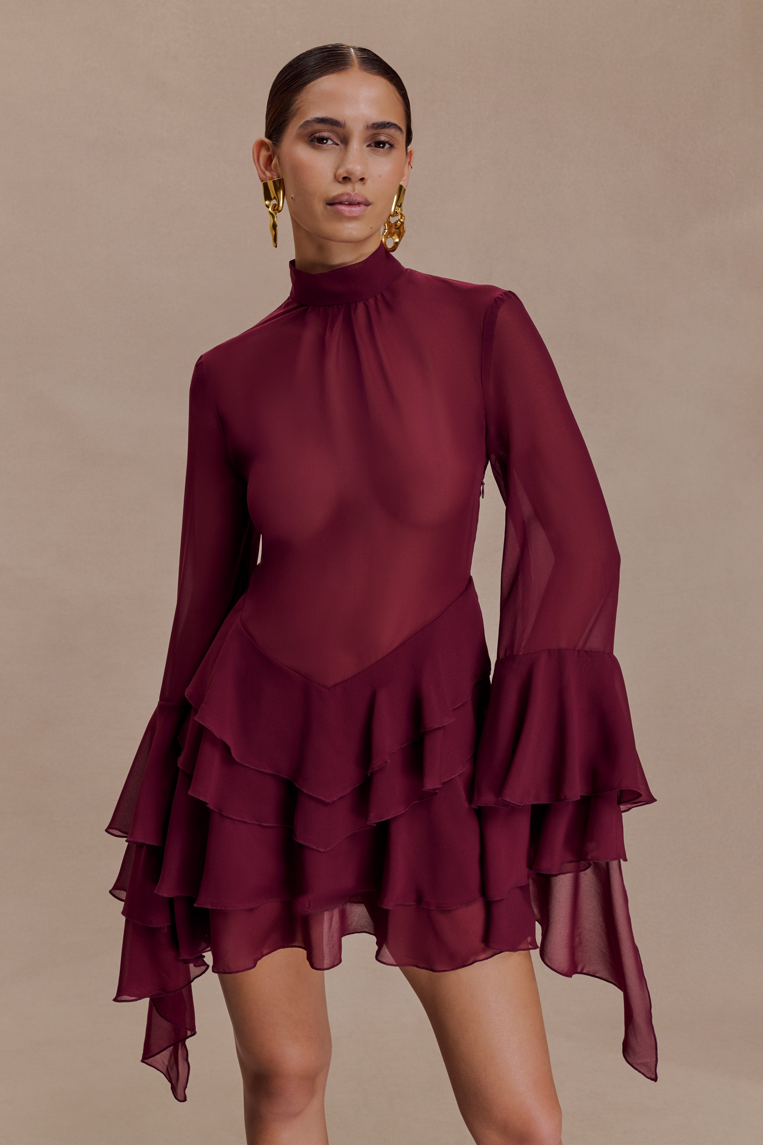 Nimah Chiffon Ruffle Mini Dress - Wine