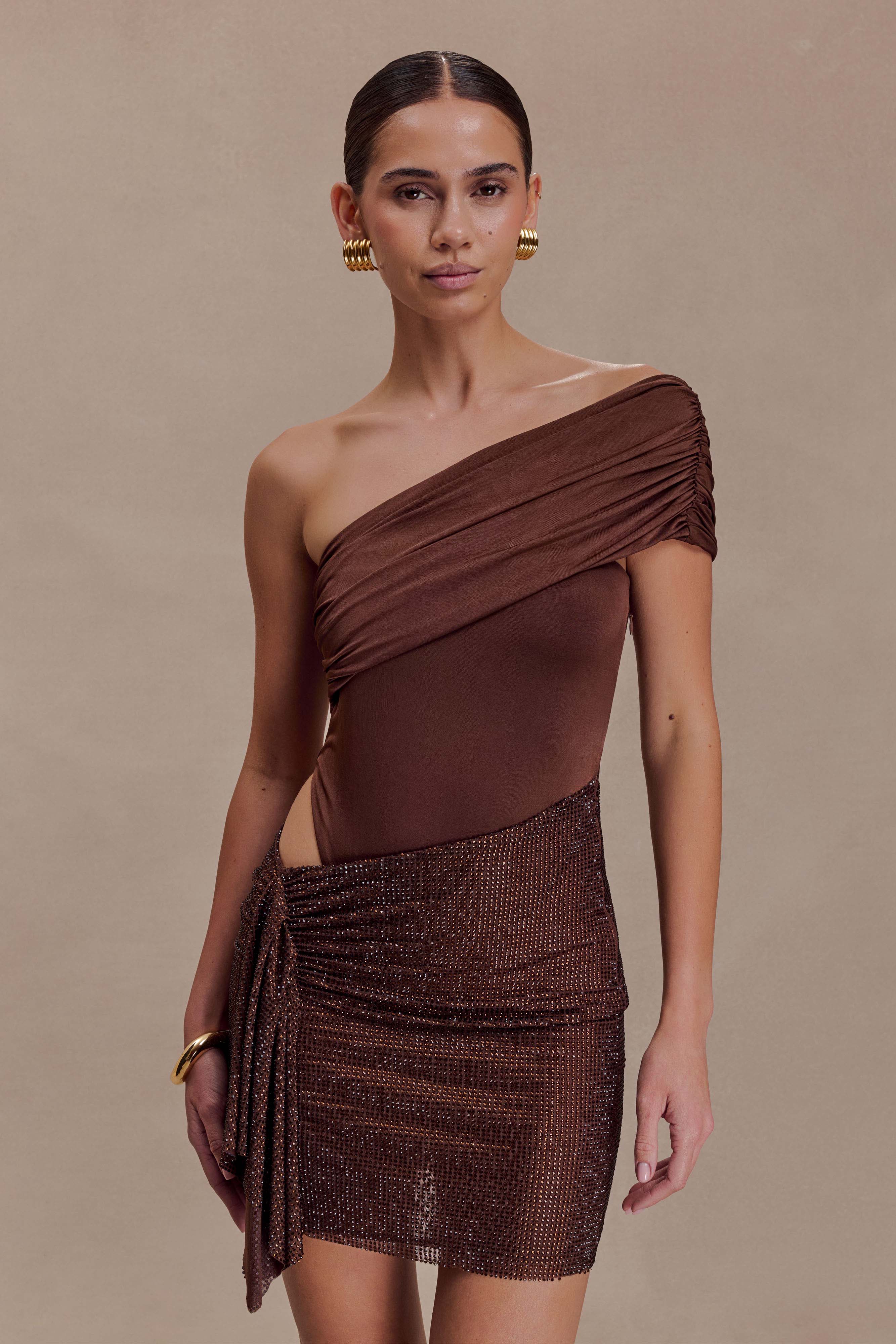 Paisley Slinky And Diamante Mini Dress - Chocolate