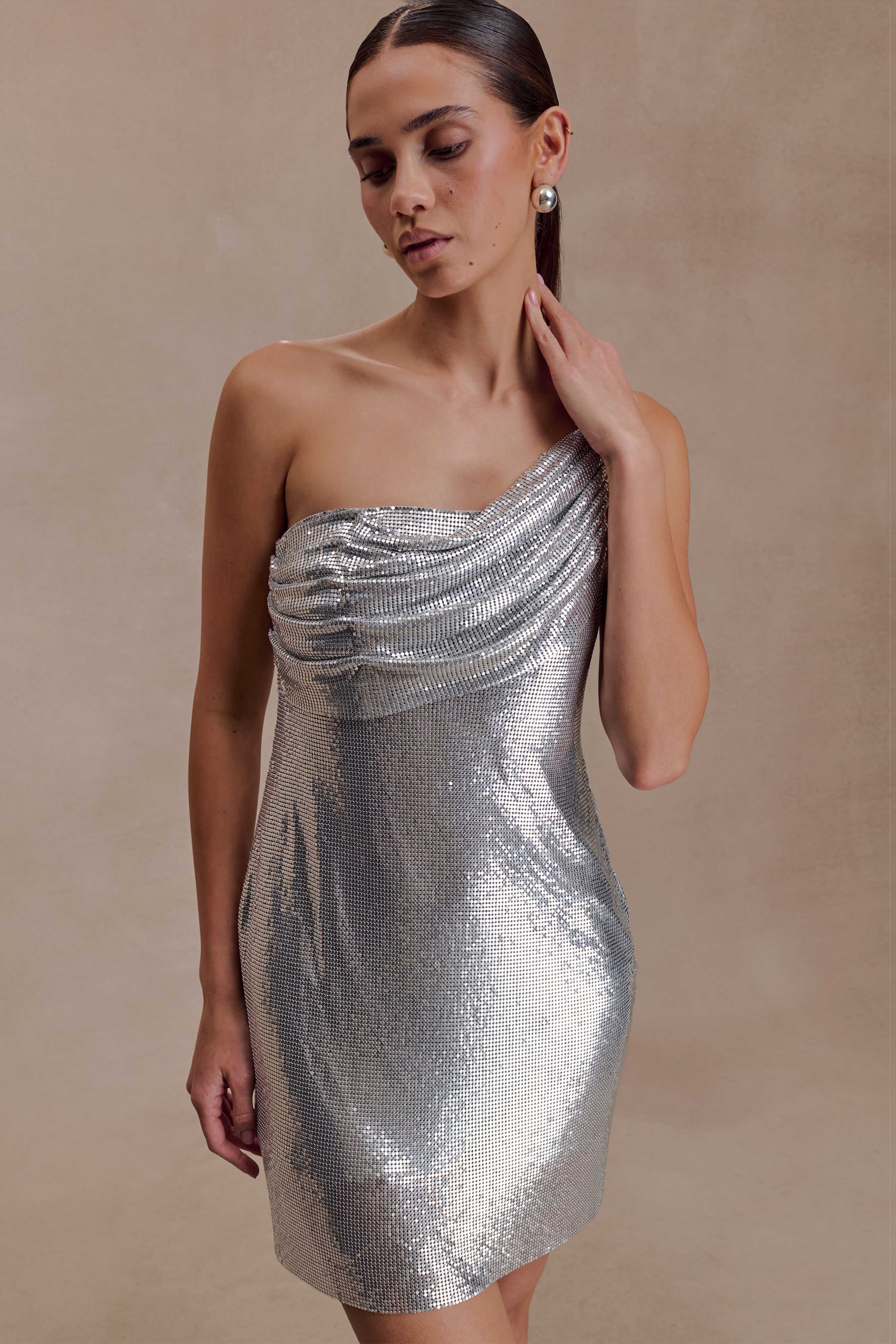 Lyle One Shoulder Glow Mesh Mini Dress - Silver